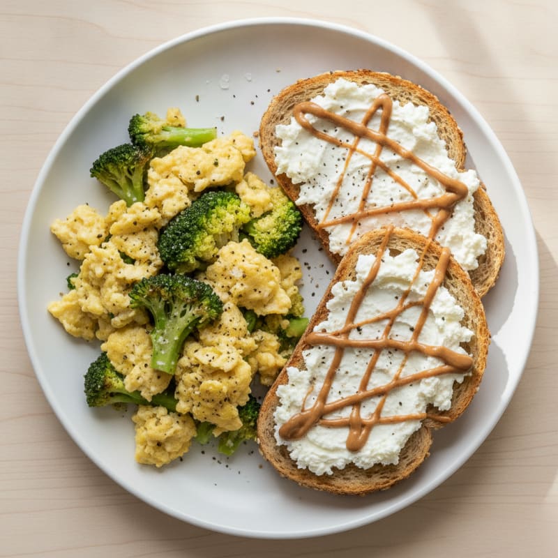 Broccoli and Egg Scramble with Peanut Butter & Cottage Cheese Toast