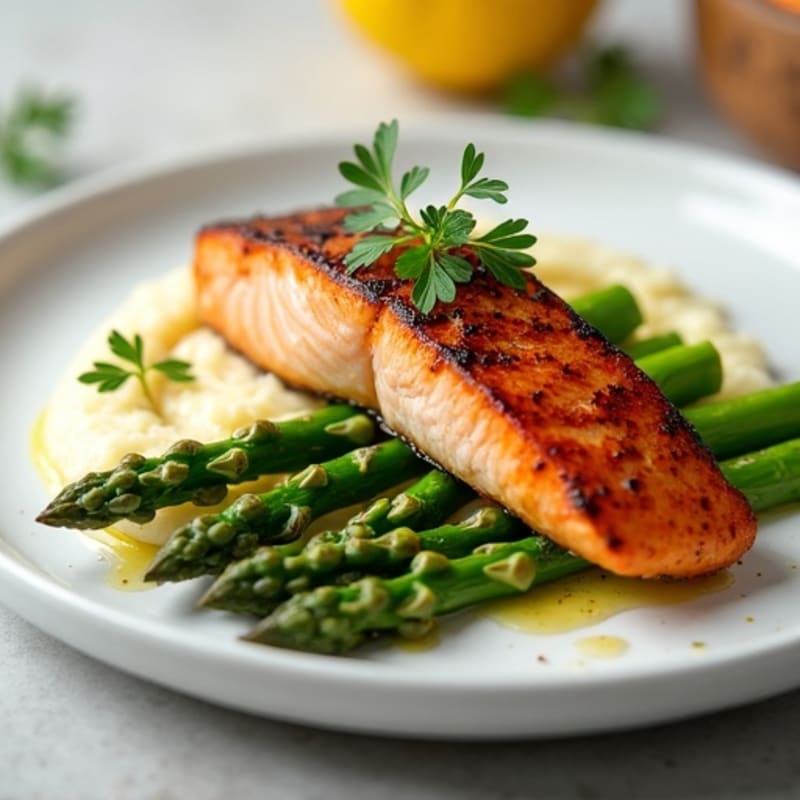 Seared Salmon Filet with Steamed Asparagus and Cauliflower Mash