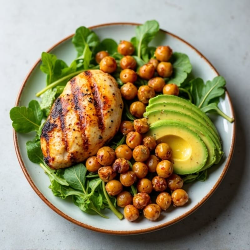 Grilled Chicken with Fresh Greens, Creamy Avocado, and Crispy Roasted Chickpeas
