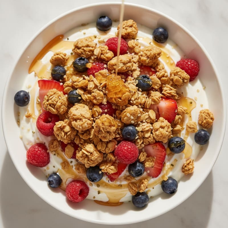 Silky Greek Yogurt with Mixed Berries and Protein Crunch