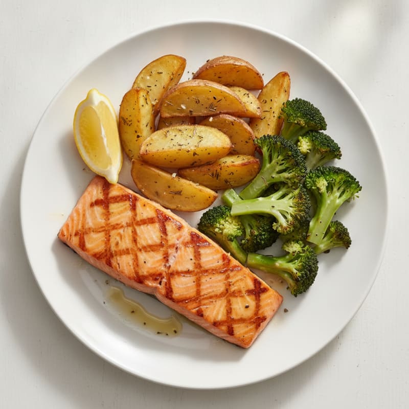 Grilled Salmon with Roasted Broccoli and Herb Potatoes