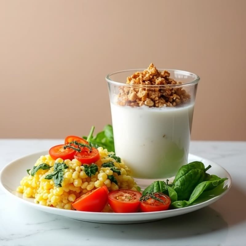 Greek Yogurt Parfait with Crunchy Granola and Egg White Veggie Scramble