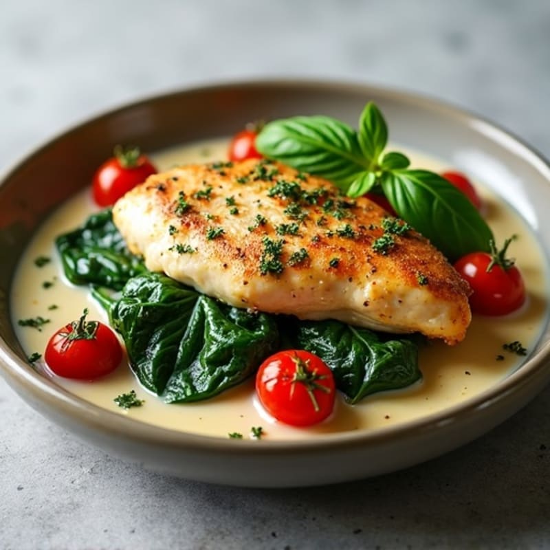 Creamy Garlic Herb Chicken with Spinach and Roasted Tomatoes