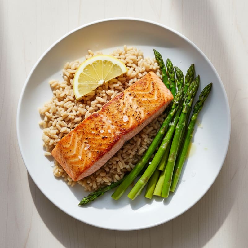 Seared Salmon with Steamed Asparagus and Brown Rice