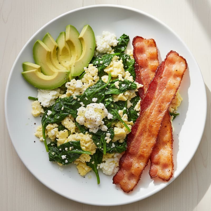 Cottage Cheese Scramble with Spinach and Turkey Bacon