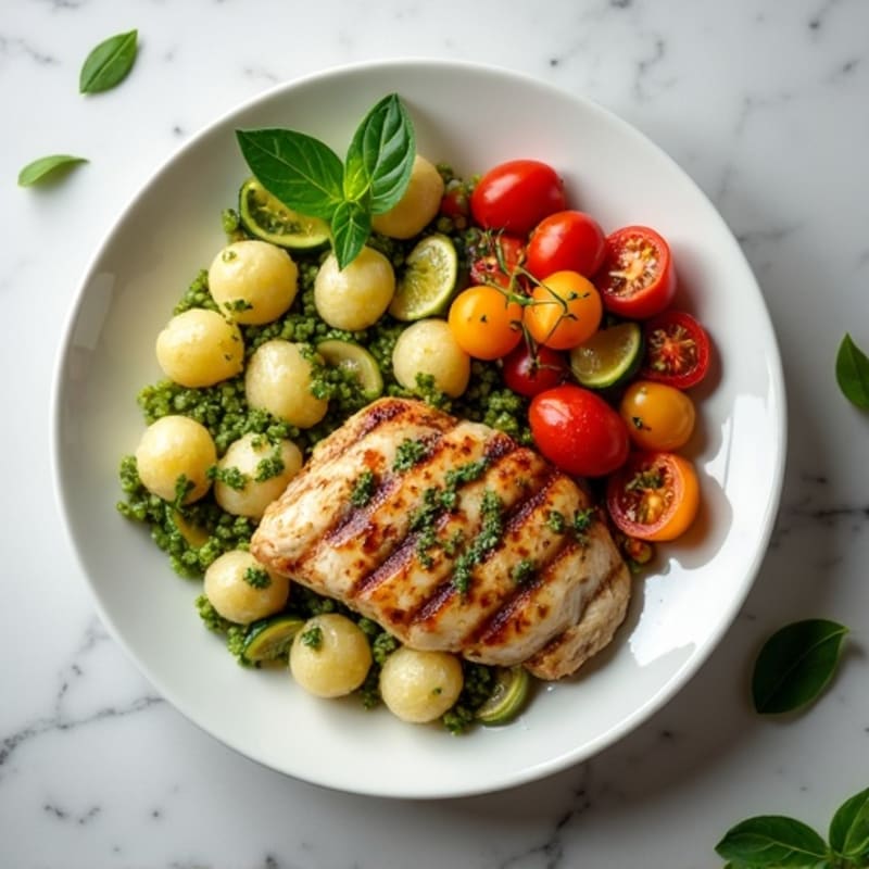 Gnocchi with Fresh Basil Pesto and Crispy Roasted Vegetables with Grilled Chicken
