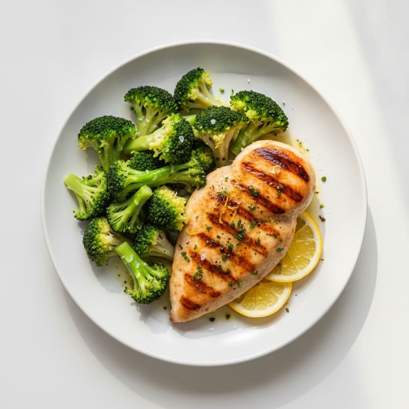 Grilled Chicken Breast with Steamed Broccoli and Lemon