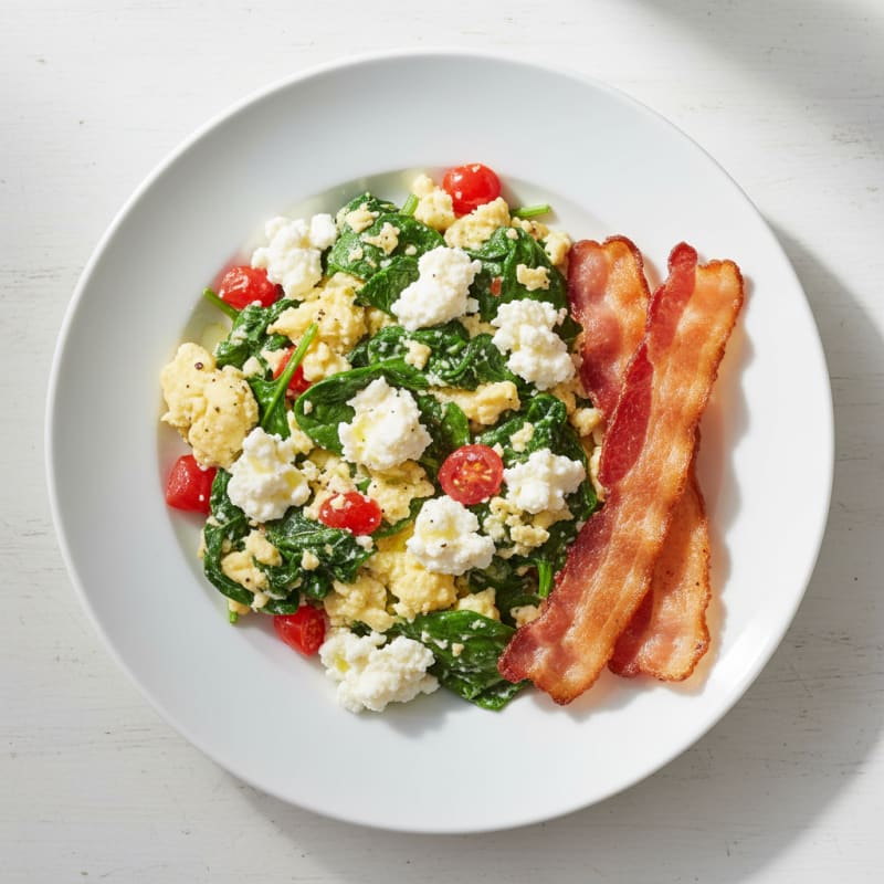 Egg White Spinach Scramble with Cottage Cheese and Turkey Bacon