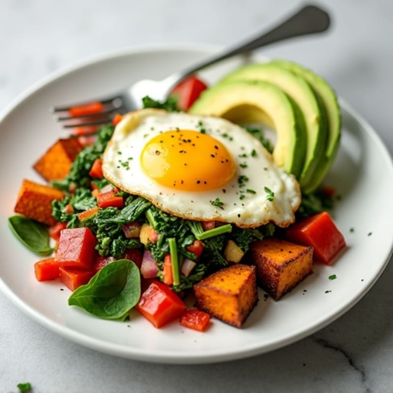 Egg White Veggie Scramble with Roasted Sweet Potato