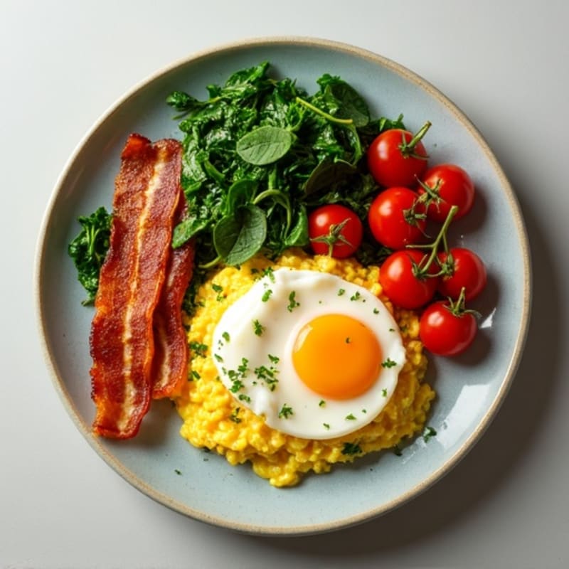 Fluffy Scrambled Eggs with Sautéed Spinach and Cherry Tomatoes, with Turkey Bacon