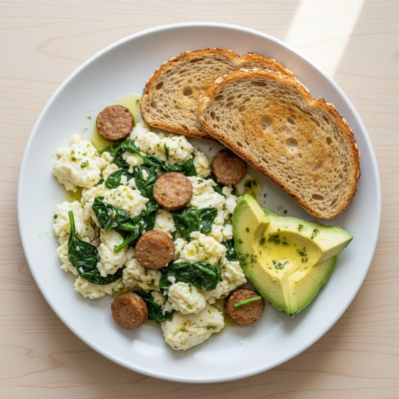Egg White and Spinach Scramble with Turkey Sausage