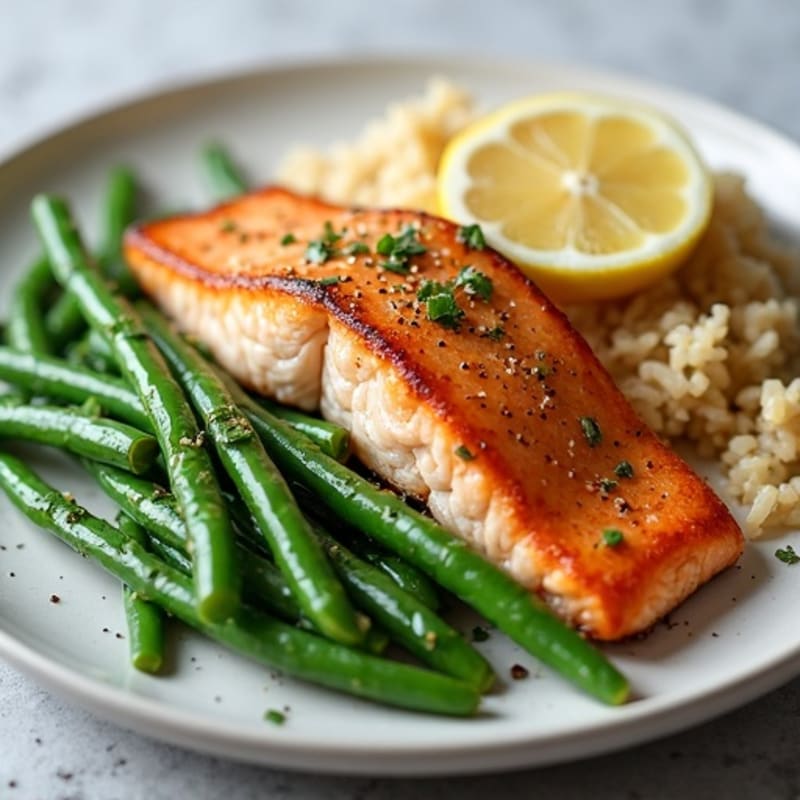 Seared Salmon with Garlic Green Beans and Brown Rice
