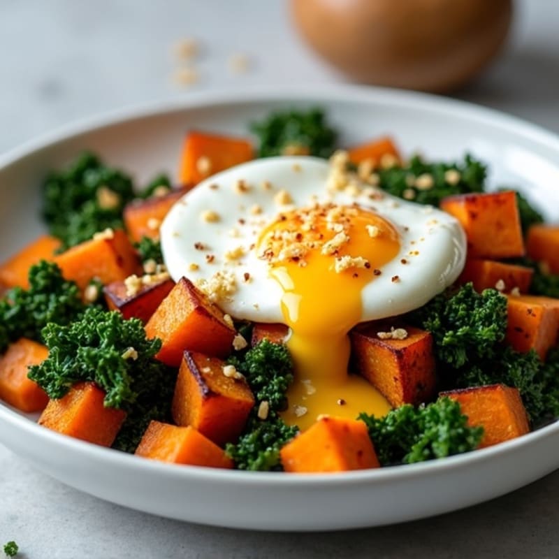 Crispy Sweet Potato and Kale Hash with Poached Eggs