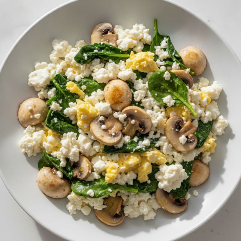 Cottage Cheese and Egg White Scramble with Spinach and Sautéed Mushrooms