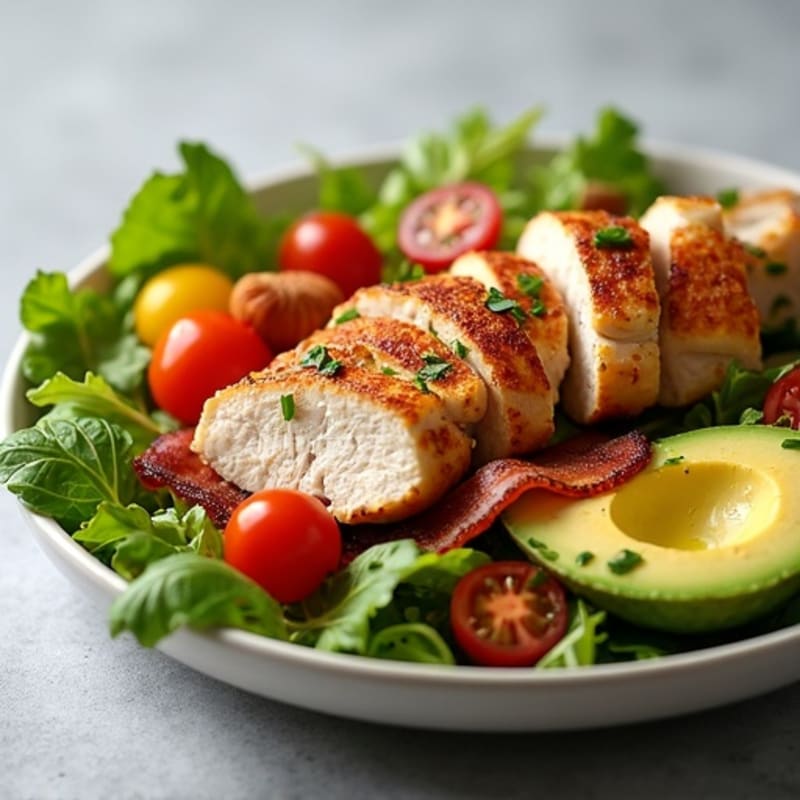 Grilled Chicken and Crispy Bacon Salad with Fresh Tomatoes and Creamy Avocado
