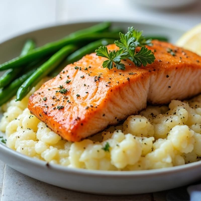 Seared Salmon with Garlic Green Beans and Cauliflower Mash