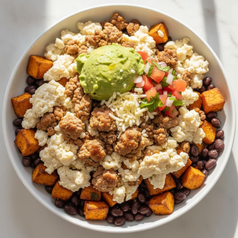 Scrambled Egg Whites with Ground Turkey, Roasted Sweet Potato, and Black Beans