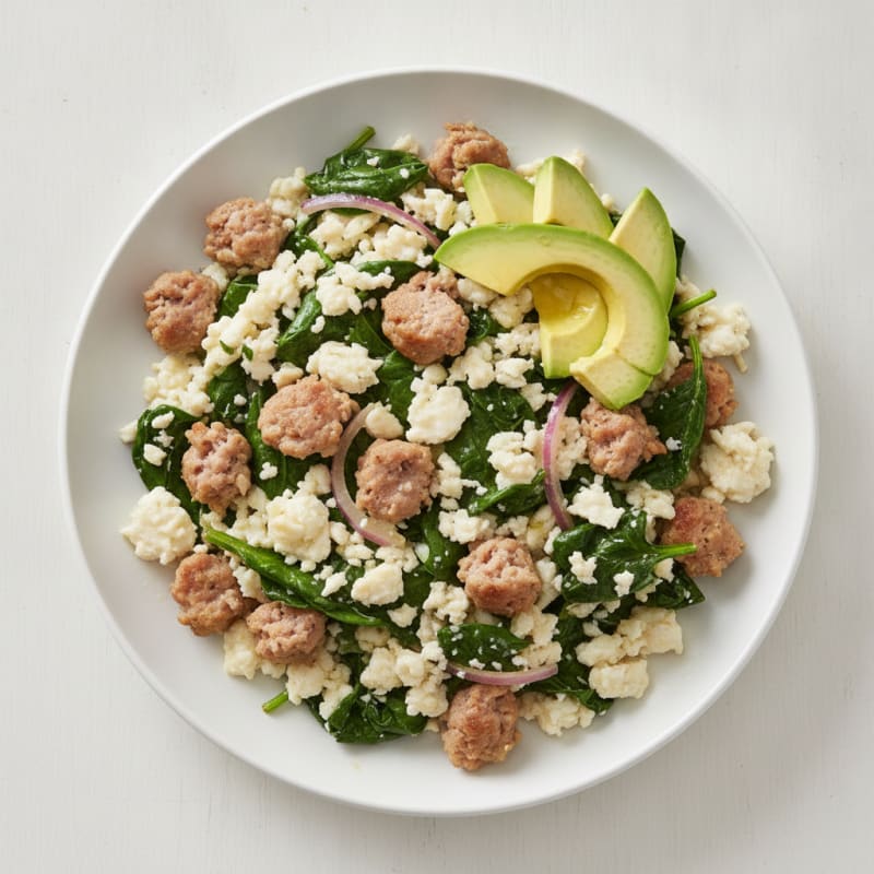 Egg White and Turkey Sausage Scramble with Sautéed Spinach