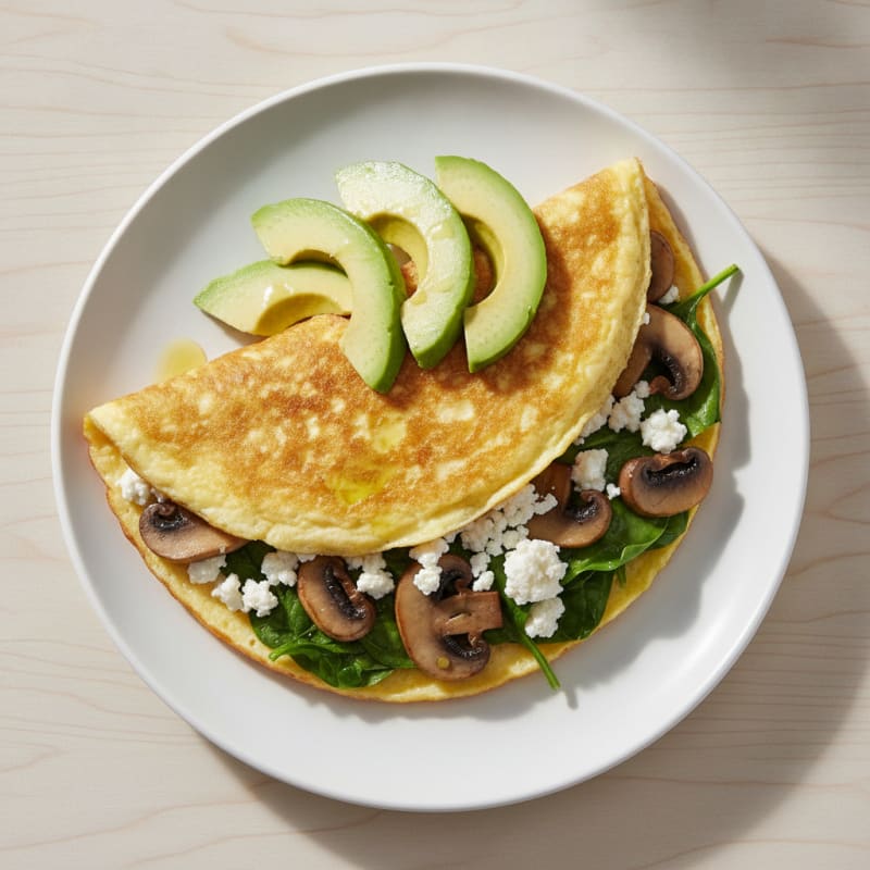 Egg White Spinach Omelette with Cottage Cheese and Sautéed Mushrooms