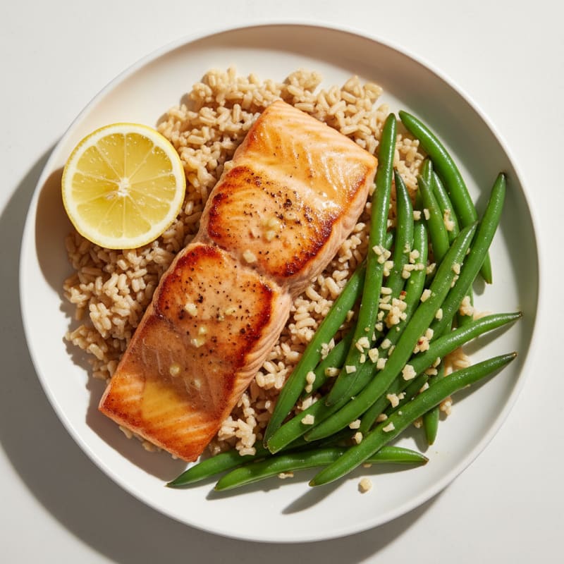 Seared Salmon with Garlic Green Beans and Brown Rice