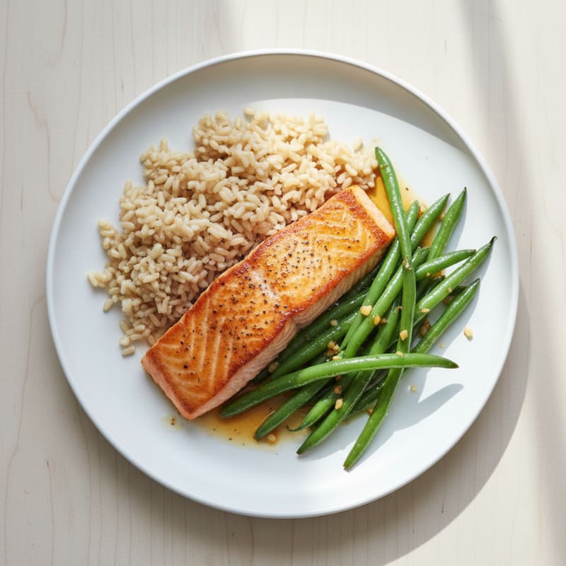 Seared Salmon with Garlic Green Beans and Brown Rice