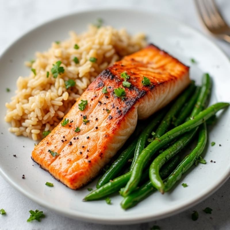 Seared Salmon Fillet with Garlic Green Beans and Brown Rice
