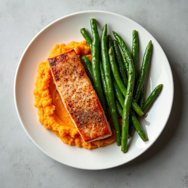 Seared Salmon with Garlic Green Beans and Sweet Potato Mash