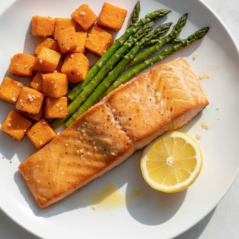 Seared Salmon with Roasted Sweet Potato and Asparagus