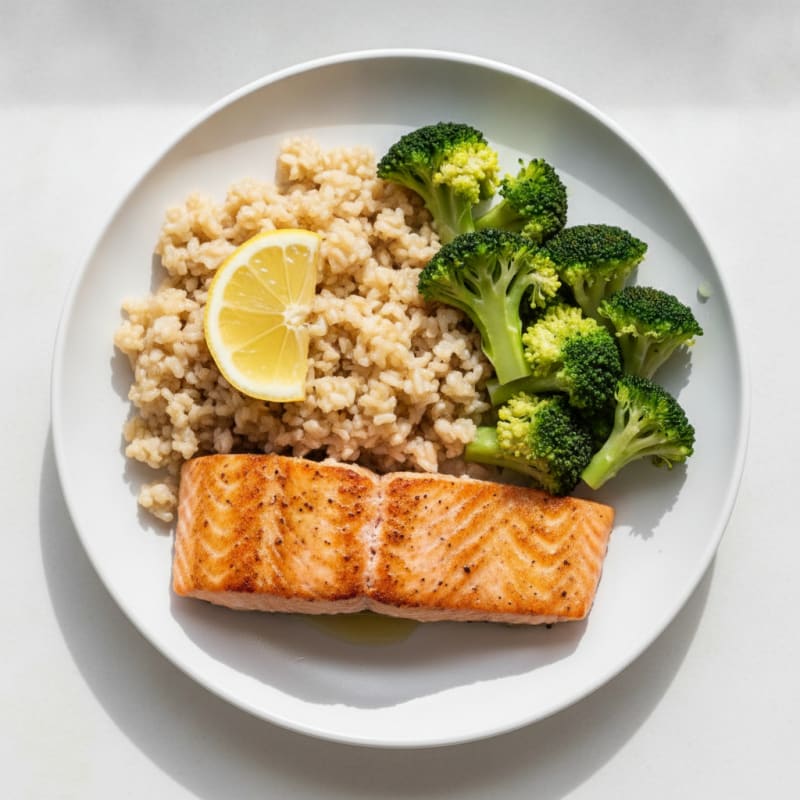 Seared Salmon with Steamed Broccoli and Brown Rice