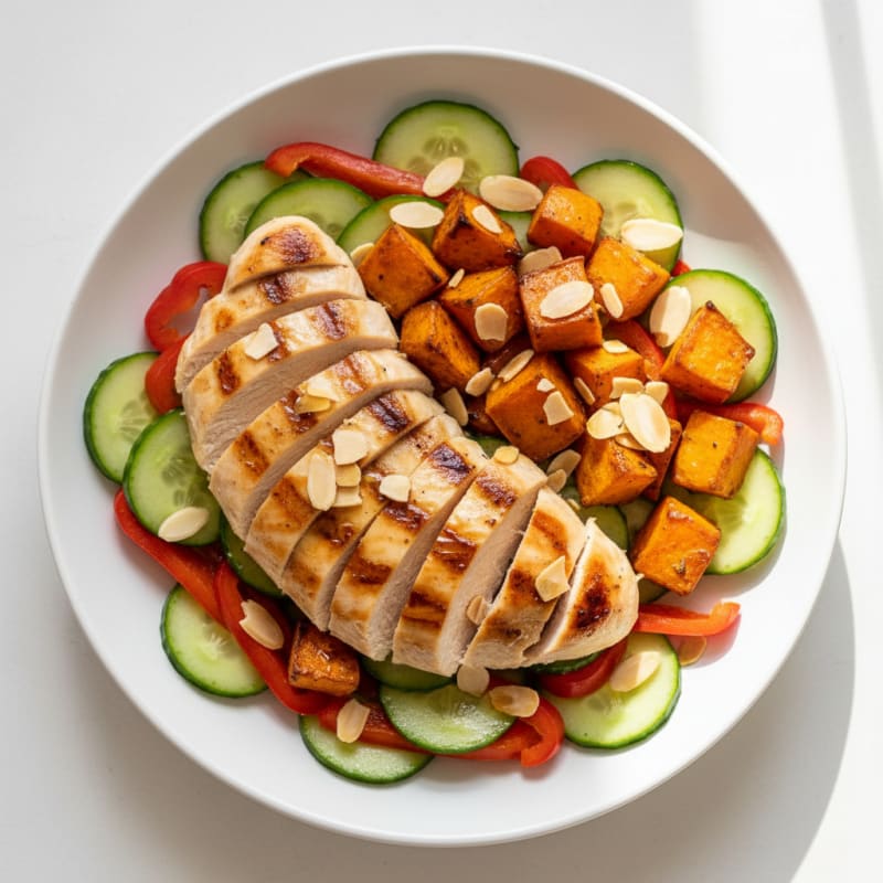 Grilled Chicken and Sweet Potato Bowl with Crunchy Vegetables