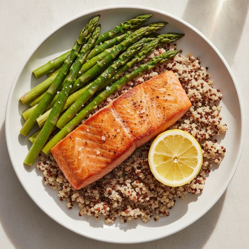 Seared Salmon with Quinoa and Steamed Asparagus