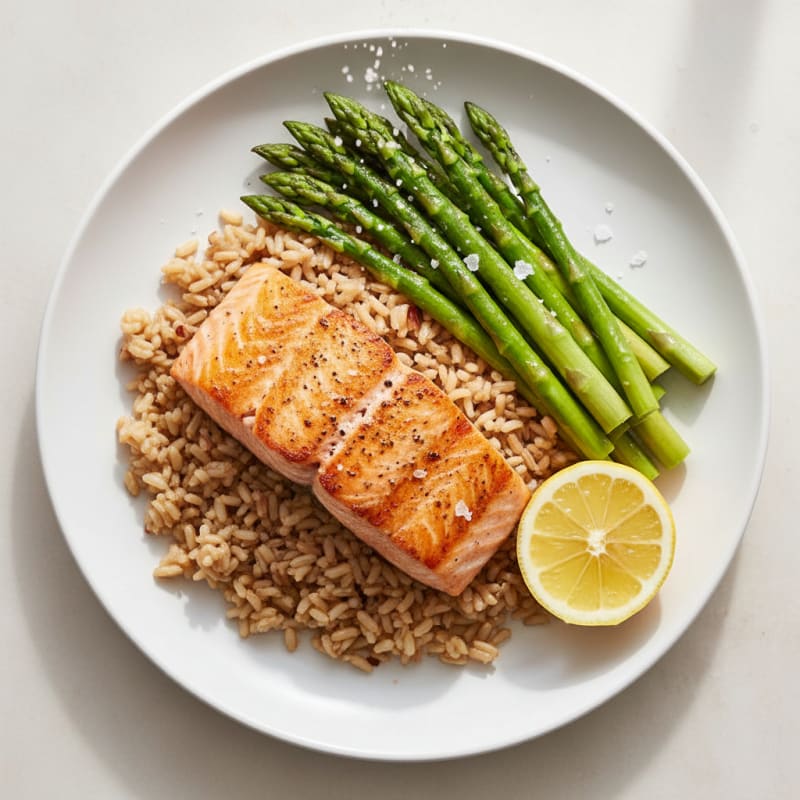 Seared Salmon with Steamed Asparagus and Brown Rice