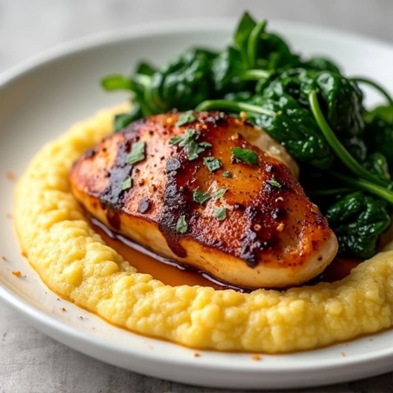 Balsamic Glazed Chicken with Creamy Polenta and Fresh Sautéed Spinach