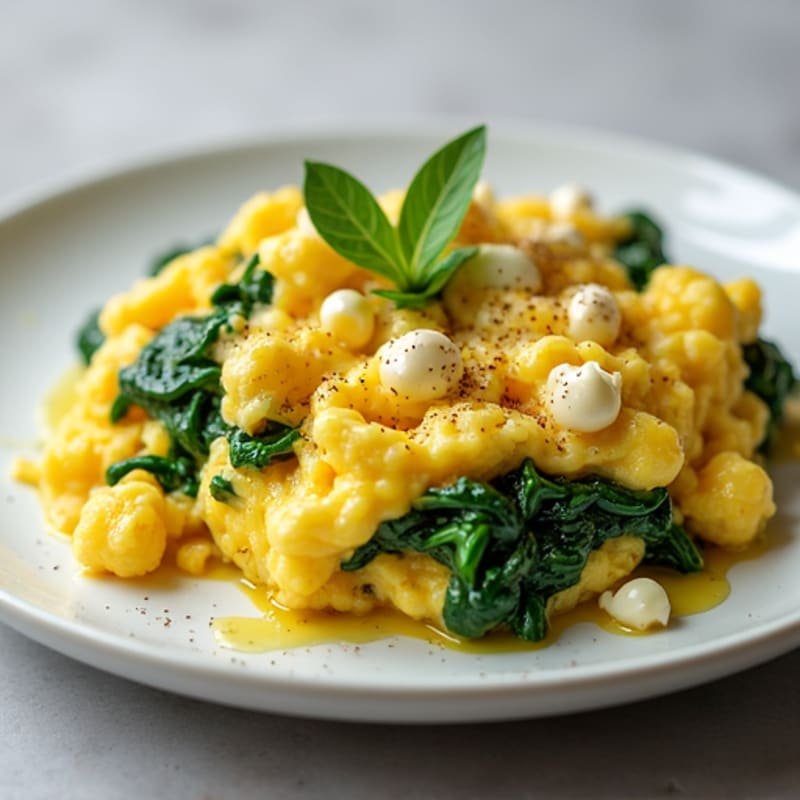 Scrambled Eggs with Cottage Cheese and Sautéed Spinach