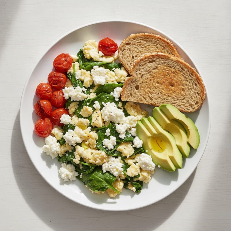 Egg White and Spinach Scramble with Cottage Cheese and Cherry Tomatoes