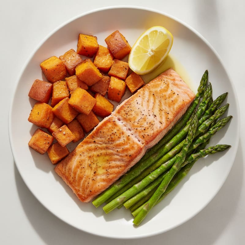 Seared Salmon with Roasted Sweet Potato and Asparagus