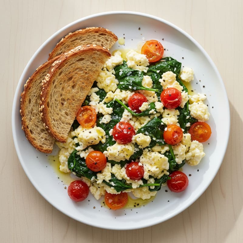 Cottage Cheese and Egg Scramble with Spinach and Cherry Tomatoes