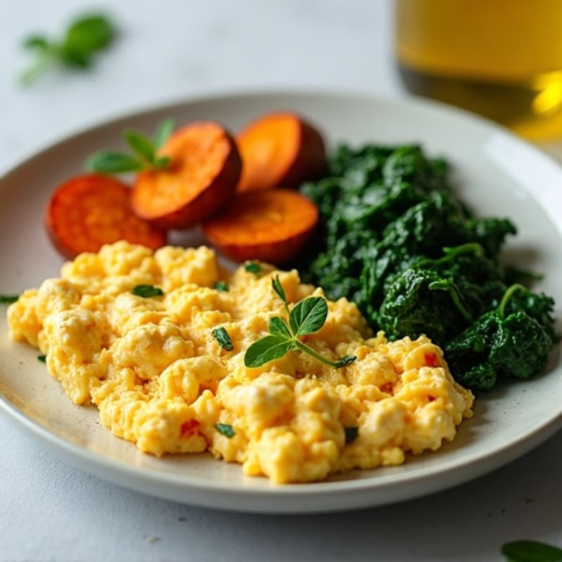 Cottage Cheese Egg Scramble with Sautéed Spinach and Roasted Sweet Potatoes