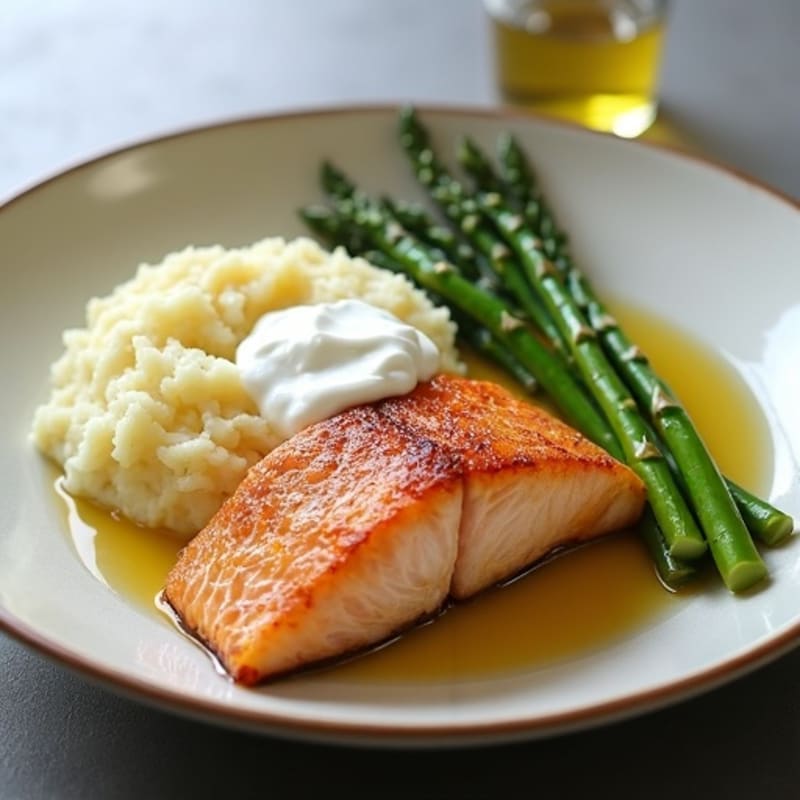 Seared Salmon with Steamed Asparagus and Garlic Mashed Potatoes