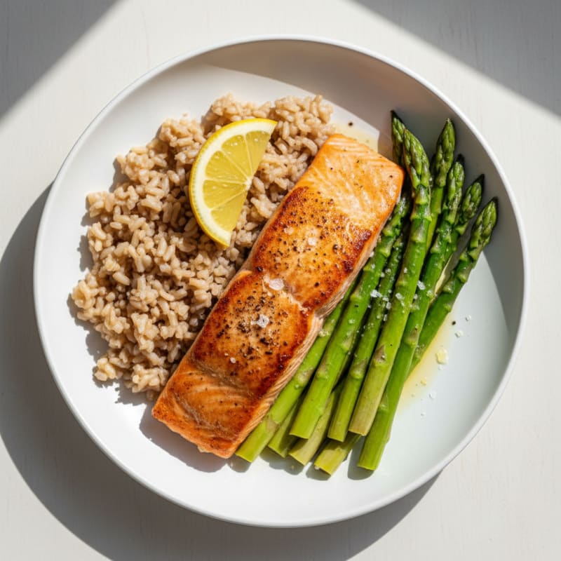 Seared Salmon with Steamed Asparagus and Brown Rice