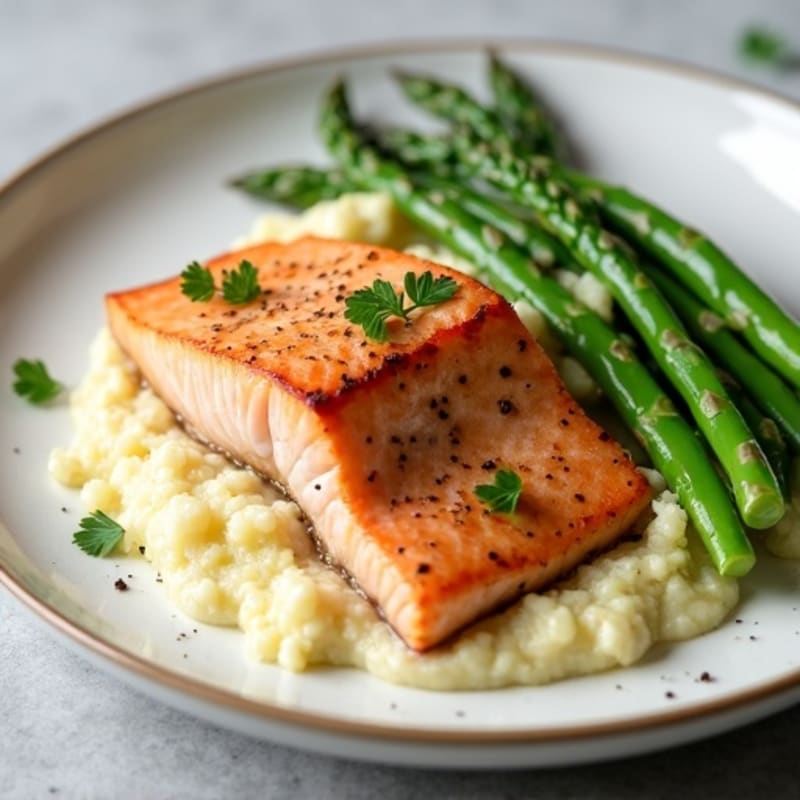 Seared Salmon with Steamed Asparagus and Cauliflower Mash