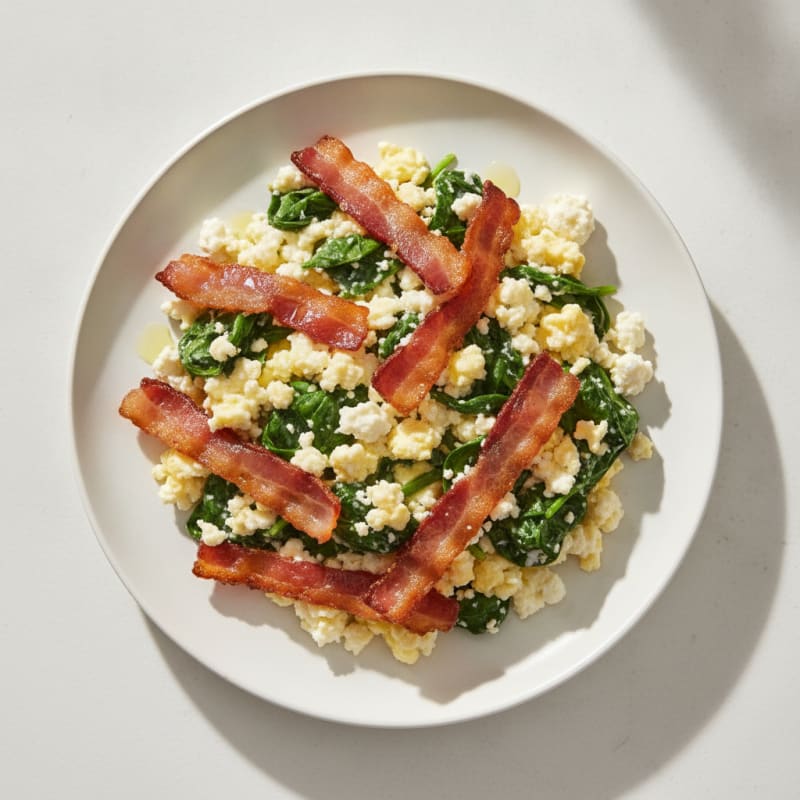 Cottage Cheese Egg Scramble with Spinach and Turkey Bacon
