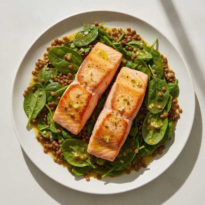Seared Salmon with Lentil and Spinach Salad