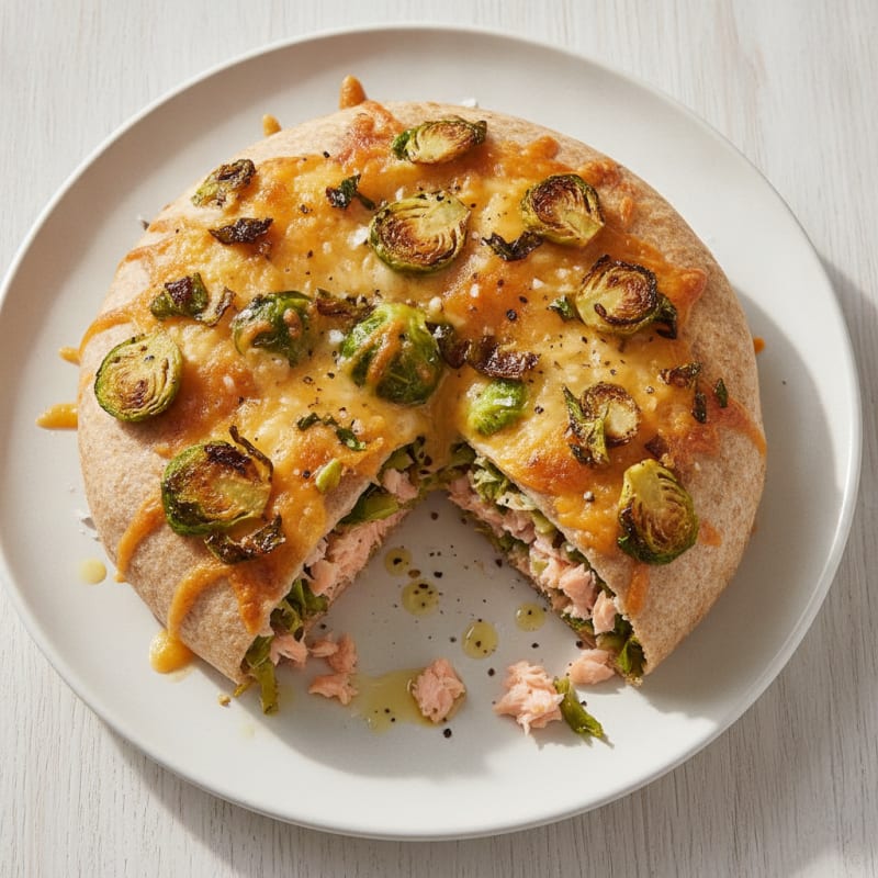 Salmon and Brussels Sprout Tortilla Bake