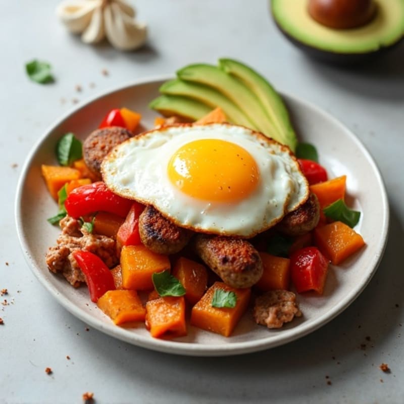 Crispy Sweet Potato Hash with Fried Egg and Sliced Avocado