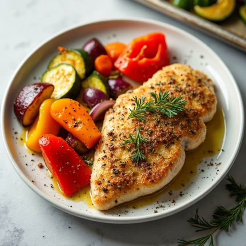 Herb-Crusted Sheet Pan Chicken with Roasted Rainbow Vegetables