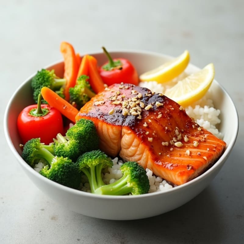 Ginger-Soy Glazed Salmon Rice Bowl with Crispy Vegetables