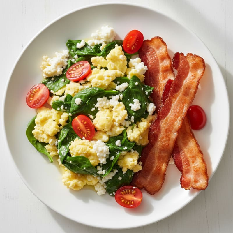 Cottage Cheese Scramble with Spinach and Turkey Bacon