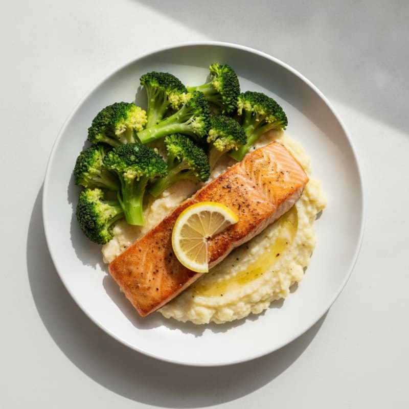 Seared Salmon with Steamed Broccoli and Garlic Cauliflower Mash