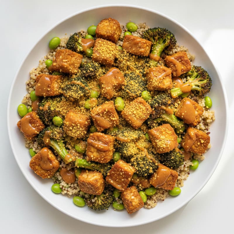 Crispy Tempeh Power Bowl with Quinoa and Roasted Vegetables